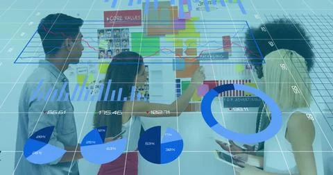 Image of diagrams and data processing over diverse colleagues discussing work in Stock Photos