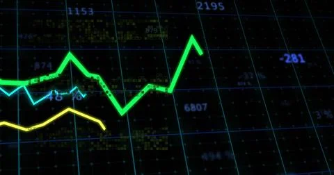 Image of diagrams and data processing over black background Stock Photos