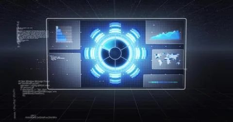 Image of diagrams and data processing over black background Stock Photos