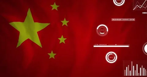 Image of diagrams and data processing over flag of china Stock Photos