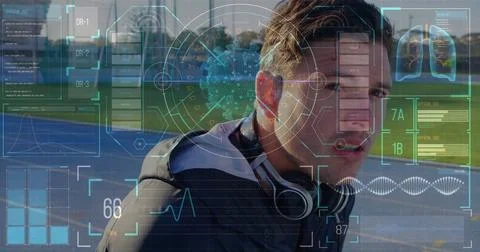Image of diagrams and science data processing over caucasian sportsman 스톡 사진