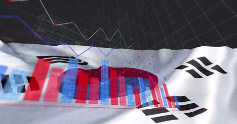 Image of diagrams, data processing and flag of south korea over black background Foto stock