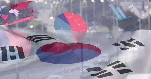 Image of diagrams, data processing, world map and flag of south korea over city Foto stock