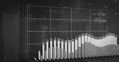 Image of diagrams with numbers and data processing on black background Illustrazione stock