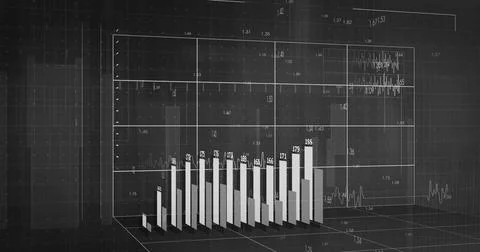 Image of diagrams with numbers and data processing on black background Stock Illustration