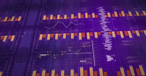 Image of diagrams with numbers and data processing on blue background Illustrazione stock