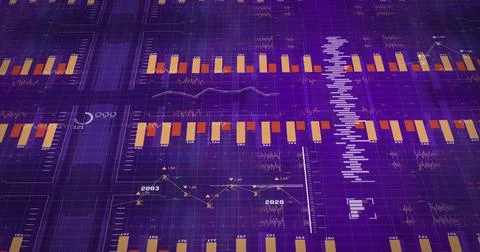 Image of diagrams with numbers and data processing on blue background Illustrazione stock