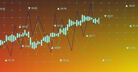 Image of diagrams over data processing on orange background Illustrazione stock