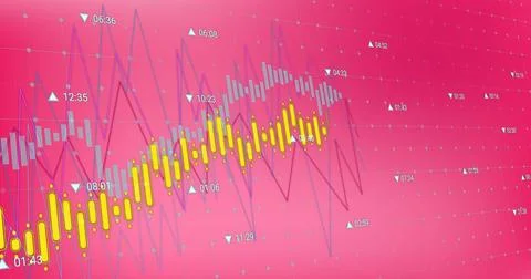 Image of diagrams over data processing on pink background Illustrazione stock