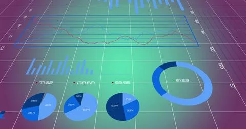 Image of diagrams over data processing on green background Stockillustratie