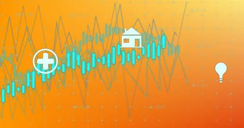 Image of diagrams over data processing on orange background Stock Illustration