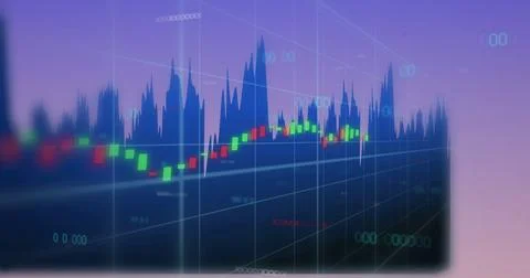 Image of diagrams over data processing on blue background Illustrazione stock