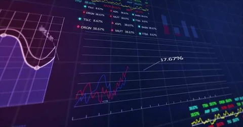 Image of diagrams over data processing on blue background Stock Illustration