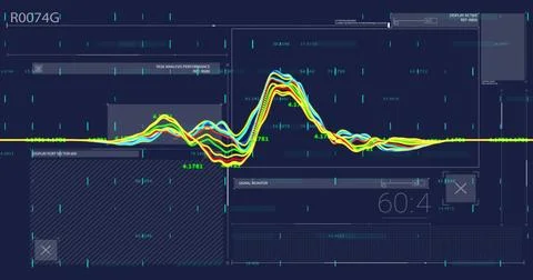 Image of diagrams over data processing on blue background Stock Photos