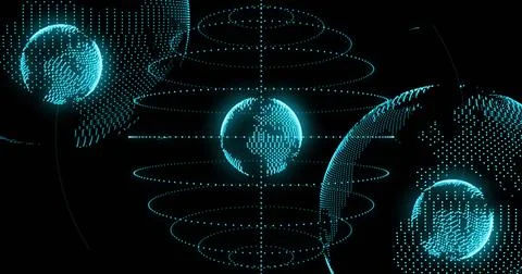 Image of diagrams over spots moving and globes Stockillustratie