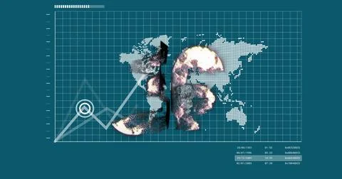 Image of diagrams over world map and 5g text 스톡 일러스트
