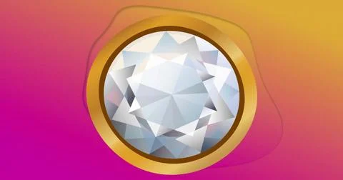 Image of diamond in gold circle frame spinning on yellow to pink background Foto stock