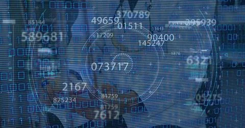 Image of digital binary codes with counter moving against doctor working in Stock Photos