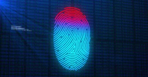 Image of digital biometric fingerprint computer interface icon on mesh black Stock Illustration