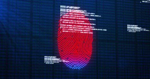 Image of digital biometric fingerprint computer interface icon on mesh black Stock Illustration