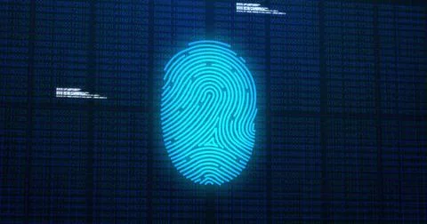 Image of digital biometric fingerprint computer interface icon on mesh black Illustrazione stock