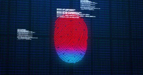 Image of digital biometric fingerprint computer interface icon on mesh black Illustrazione stock