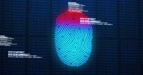 Image of digital biometric fingerprint computer interface icon on mesh black 库存插图