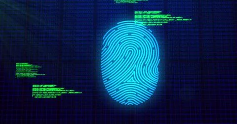 Image of digital biometric fingerprint computer interface icon on mesh black Stock Illustration