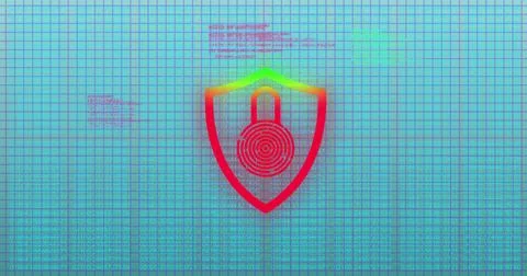 Image of digital biometric padlock icon and data processing over grid Stock Illustration