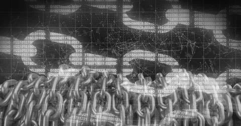Image of digital block chains, connections with data processing and binary Foto stock