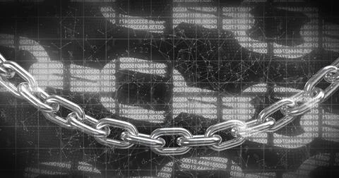 Image of digital block chains with data processing and binary coding Stock Photos