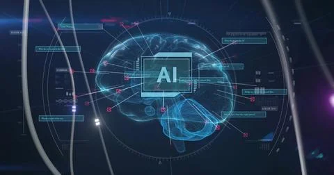 Image of digital brain with ai text over connections 스톡 일러스트