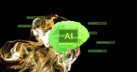 Image of digital brain with ai text over green spots イラスト素材