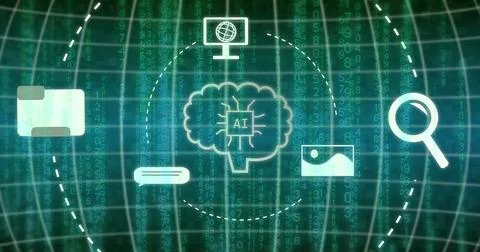 Image of digital brain with ai text over binary coding 写真素材