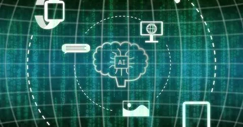Image of digital brain with ai text over binary coding 写真素材