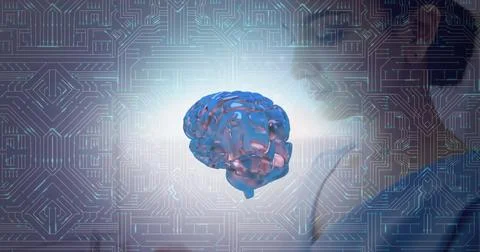 Image of digital brain and computer circuit board over biracial female doctor Fotos de archivo