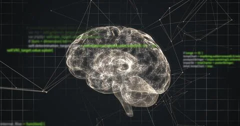 Image of digital brain and data processing on black background Illustrazione stock
