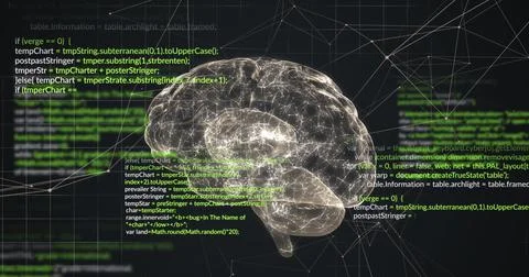 Image of digital brain and data processing on black background 스톡 일러스트