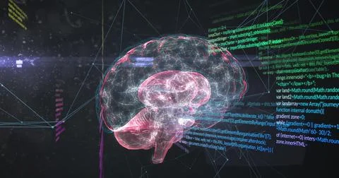 Image of digital brain and data processing on black background Stock Illustration