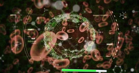 Image of digital brain and data processing over virus and blood cells Stock Illustration