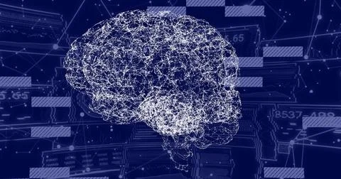 Image of digital brain and data processing over black background Foto stock