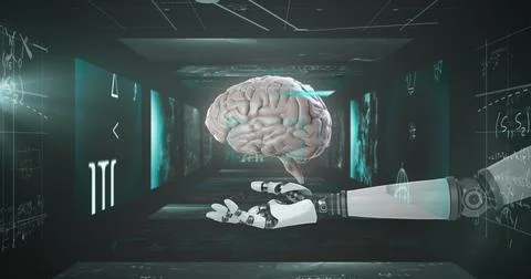 Image of digital brain and robotic hand over mathematical equations on black Stock Illustration