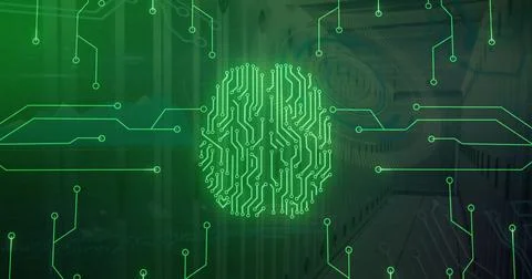 Image of digital brain, circuit board and data processing over computer servers Stock Photos