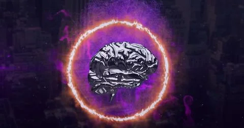 Image of digital brain with fire circle and purple smoke over cityscape 스톡 사진