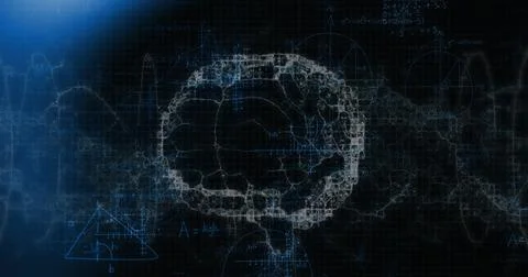 Image of digital brain with mathematical equations on black background Stock Illustration