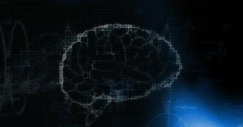 Image of digital brain with mathematical equations on black background Stock Photos