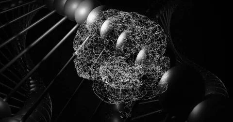 Image of digital brain with network of connections over dna strand on black Stock Illustration