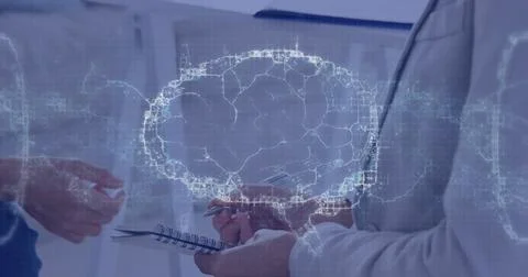 Image of digital brain over caucasian woman consulting psychologist Foto stock