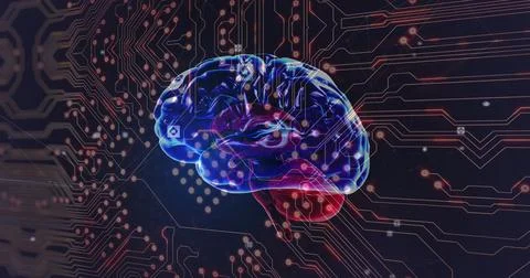 Image of digital brain over computer circuit board on black background Fotos de archivo