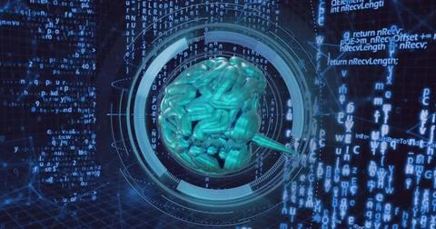 Image of digital brain over data processing Stock Photos